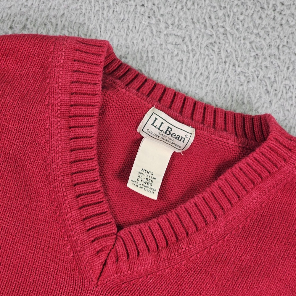 L.L.Bean Sweater Vest Mens XL Red 100% Cotton V Neck Knit Solid Pullover